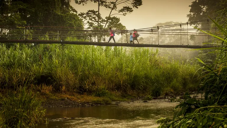 This bridge crossing the Yorkin river in the Sixaola Basin is used daily by local communities, including children on their way to school in the early morning. (Photo: Paul Aragón,©IUCN)