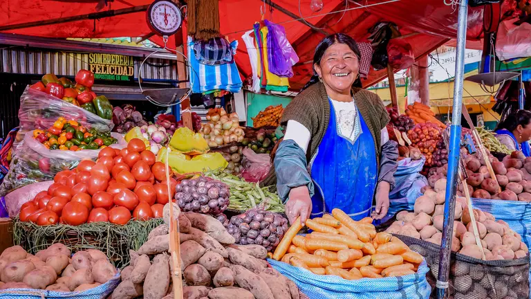 A Bolivian woman stallholder sells potatoes and other vegetables. Bolivian diets are changing, moving away from traditional foods and towards processed foods (Photo: Mauricio Panozo, Lucano Photography)