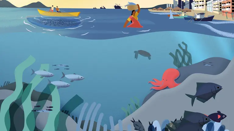 Fishers with ocean full of sea creatures below