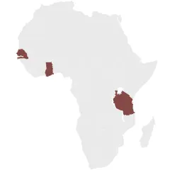 Map of Africa, highlighting the location of Tanzania, Senegal and Ghana