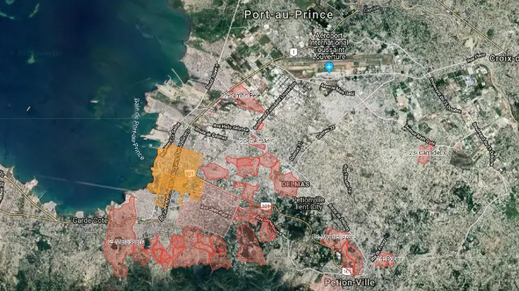 A map showing the neighbourhoods around Port-au-Prince, Haiti