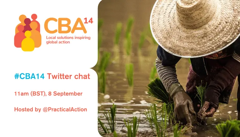 The CBA14 logo with a photograph of a person planting rice.