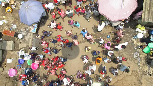 An overhead view of people outside 