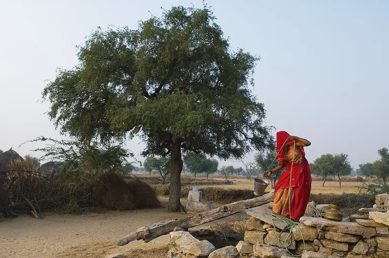 Woman collects water from a well