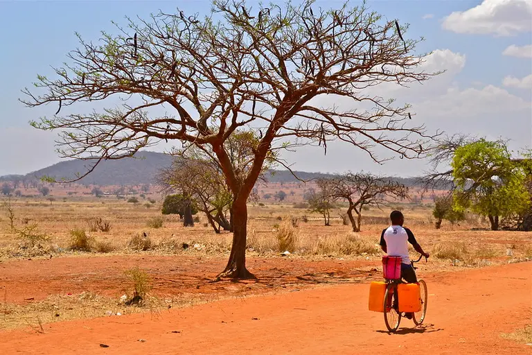Man cycling in an arid landscape