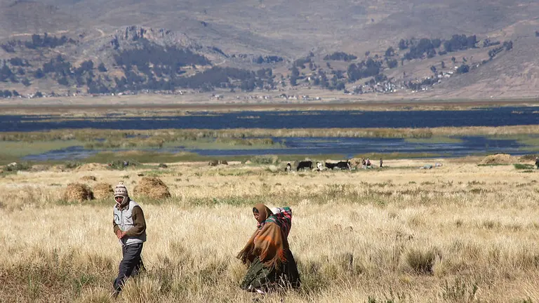 Two people walking in a rural landscape