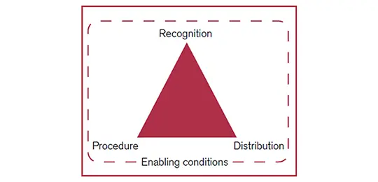 Diagram showing a red triangle with all sides the same length; at each point are the words ‘recognition’, ‘procedure’ and ‘distribution’. A dotted line with the title ‘enabling conditions’ surrounds the entire diagram and three headings