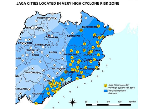 A map showing dots indicating the location of cities located in high cyclone risk areas, with a prevalence in the east along the coast