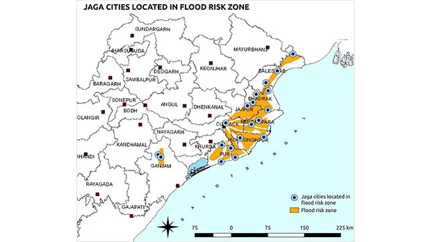 A map showing dots indicating the location of cities located in high flooding areas, with a prevalence in the east along the coast