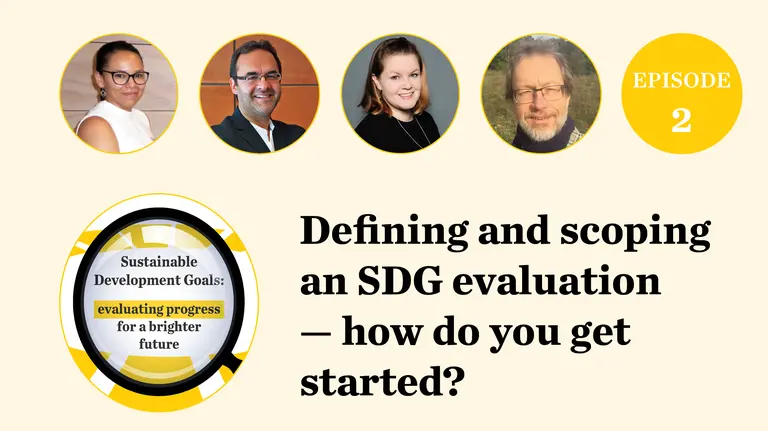 Image showing the faces of four people and the words "defining and scoping an SDG evaluation – how do you get started?"