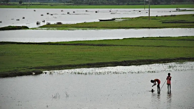 Two children in a flooded field.