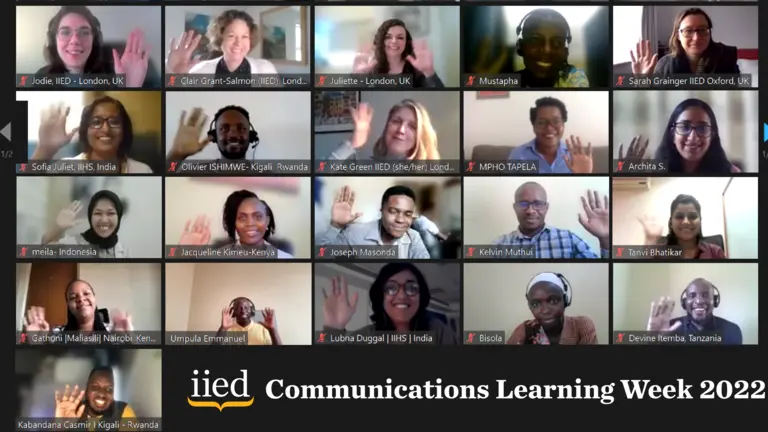 Screenshot of a videocall with 21 people waving at the camera