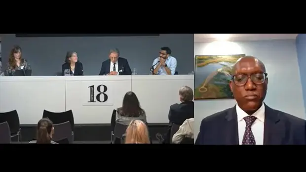 On the left, a panel of 4 people siting on a table with microphones. On the right, a man on a videocall.
