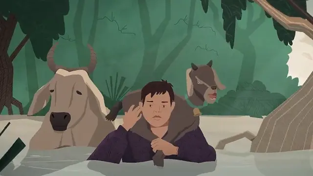 Animation of a man walking in flood water carrying a goat, and a cow