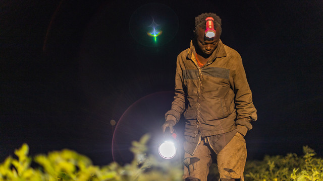 Young man wears a headlamp and carries a flashlight in the dark