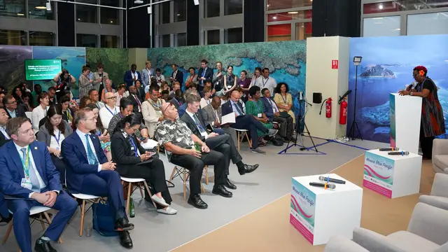 A large group of seated people listen to a women speaking at a podium.