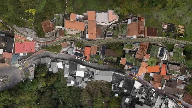 Aerial view of a residential town nestled amidst lush greenery.