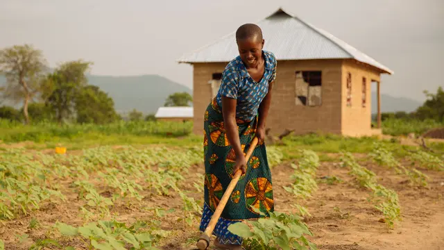 A woman farmer tends her crops with a hoe in front of a small house.