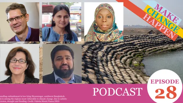 Graphic card containing head and shoulder images of all five podcast speakers, on top of an image of a snadbag embankment in low-lying Shyamnagar. 