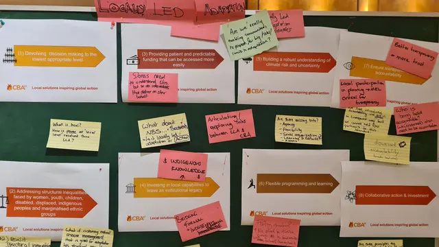 Some of the sticky notes posted by participants at the 17th International Conference on Community-based Adaptation on what the LLA principles mean to them.