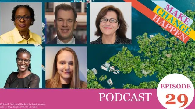 Graphic card of an image of houses on water in Brazil with text and headshots of Lindlyn Moma, Simon Cullen, Rose Mosi, Nicola Sorsby and Laura Kelly on top.
