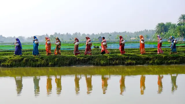 Group of women walking along the bank of a river, carrying big canisters on the way to get fresh water. They are wearing traditional, colorful clothing.