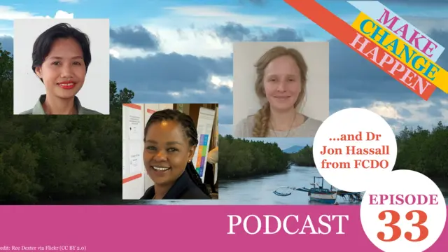 Graphic card containing head and shoulder images of three podcast speakers, on top of an image of a river in the Philippines.