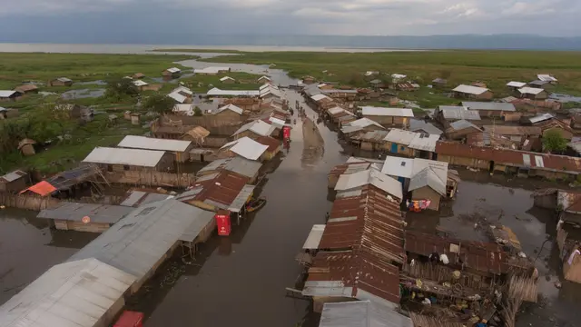 Aerial view of a village in Uganda flooded.