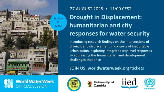 Graphic card including text, an image of a city and organisation logos.