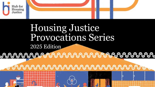 Graphic card with red, yellow and blue branding showing a drawn house. Words read 'House Justice Provocations Series'.