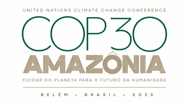 COP30 official logo. Words read 'United National Climate Change Conference COP30 Amazonia. Cuidar do planeta para o futuro da humanidade. Belem, Brazil, 2025'.