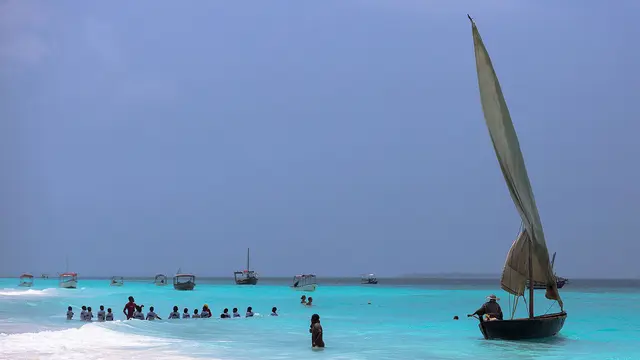 People fish in the water alongside a sailing boat. 