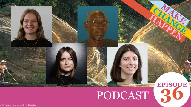 Head and shoulders photo of four people alongside the words 'podcast episode 36'.