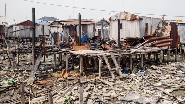 Informal housing destroyed after natural disaster in Lagos, Nigeria circa 2017.