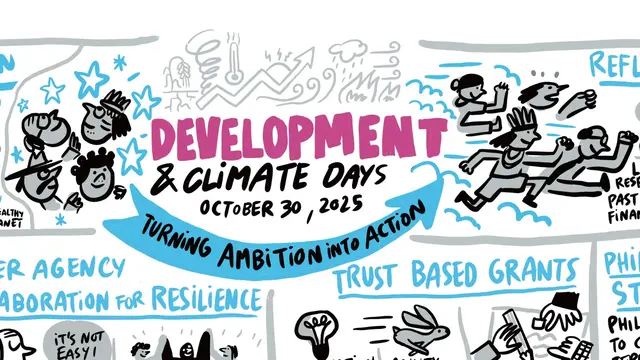 Illustration from Development and Climate Days 2025. Text says 'Development and Climate Days, October 30 2025. Turning ambition into action'.