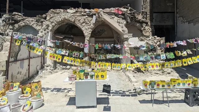 Bright, small packets hang down from ropes in front of a partly destroyed building.