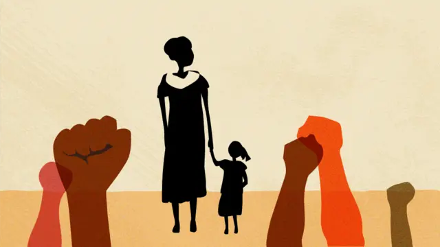 An illustration showing the silhouette of a woman and child standing together, surrounded by several raised fists of different skin tones, symbolising solidarity and the assertion of human rights.