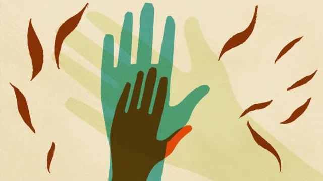 An illustration of multiple overlapping hands of different colours reaching upward, with stylized leaves falling among them, symbolising the recognition and addressing of intersectional layers within social structures.