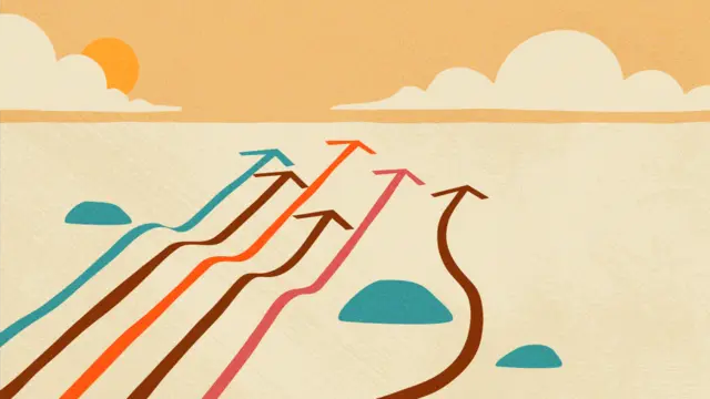 A landscape view showing multiple paths or arrows curving and adapting as they move forward toward a horizon, representing the need for flexible and responsive approaches to nature conservation.