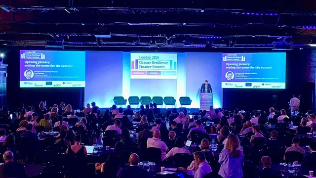 IIED executive director Tom Mitchell speaking during the opening plenary session of the London Climate Resilience Finance Summit 2026