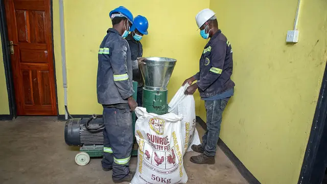 Men in hard hats and protective clothing and masks gather around machinery to fill large 50kg bags. 