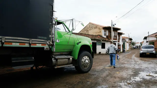 Truck driver standing with their back to a big green truck.