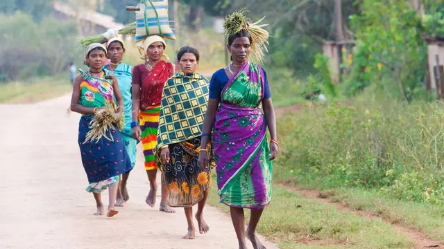 Group of women walking back after collecting plants and produce in India.
