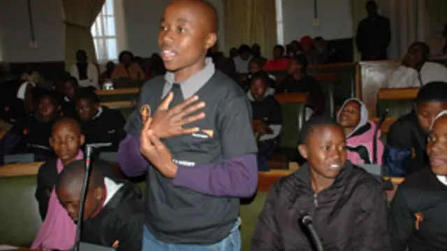 A young parliamentarian addresses the Shadow Children’s Parliament in Lesotho, Credit: World Vision Lesotho