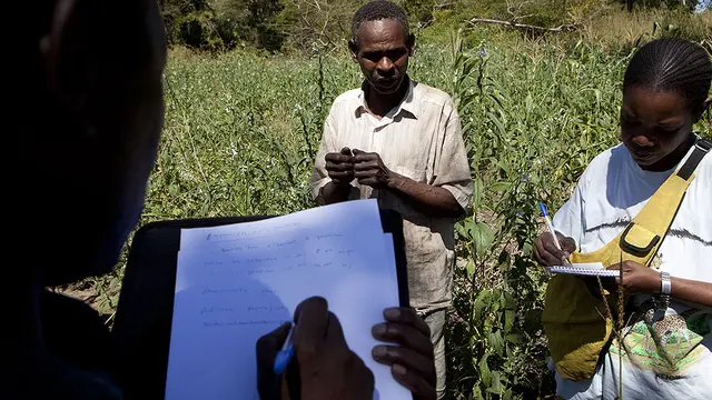 A field team designing a REDD strategy in Mozambique talk to farmer Nimale Maribu Saidi as part of their research (Photo: Mike Goldwater)