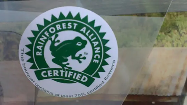 Picture of the Rainforest Alliance logo on a bunch of flowers. 