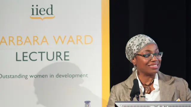 Fatima Denton delivers the 2014 Barbara Ward Lecture at the British Library in London in November 2014 (Photo: Julius Honnor/IIED)