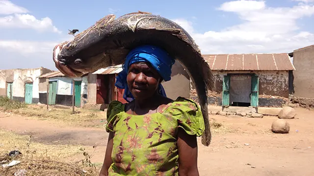 A woman carries a Nile perch landed at Got Kachola, Kenya, where the NGO Renewable World is establishing community-run energy hubs for fish chilling and other local energy needs (Photo: Sarah Best/IIED)