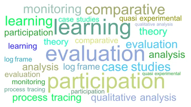 A word cloud with words relevant to monitoring, evaluation and learning (Image: IIED)