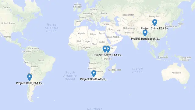 Map shows where the EbA Evidence and Policy project is being undertaken